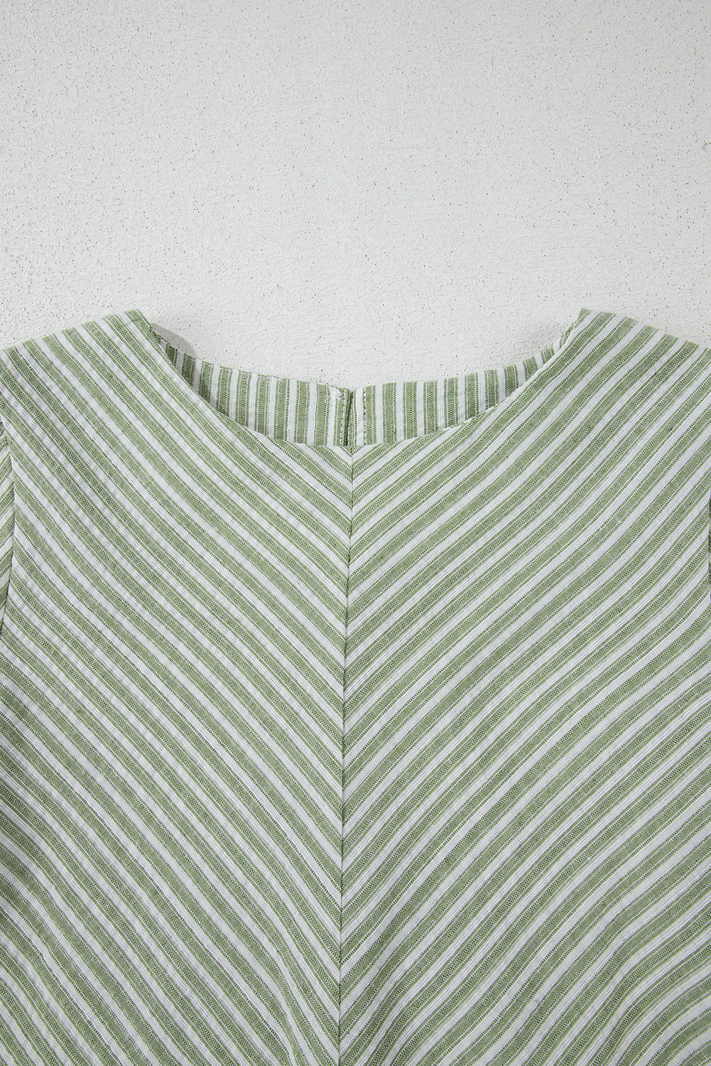Green Stripe Textured Round Neck Short Puff Sleeve Blouse eAura
