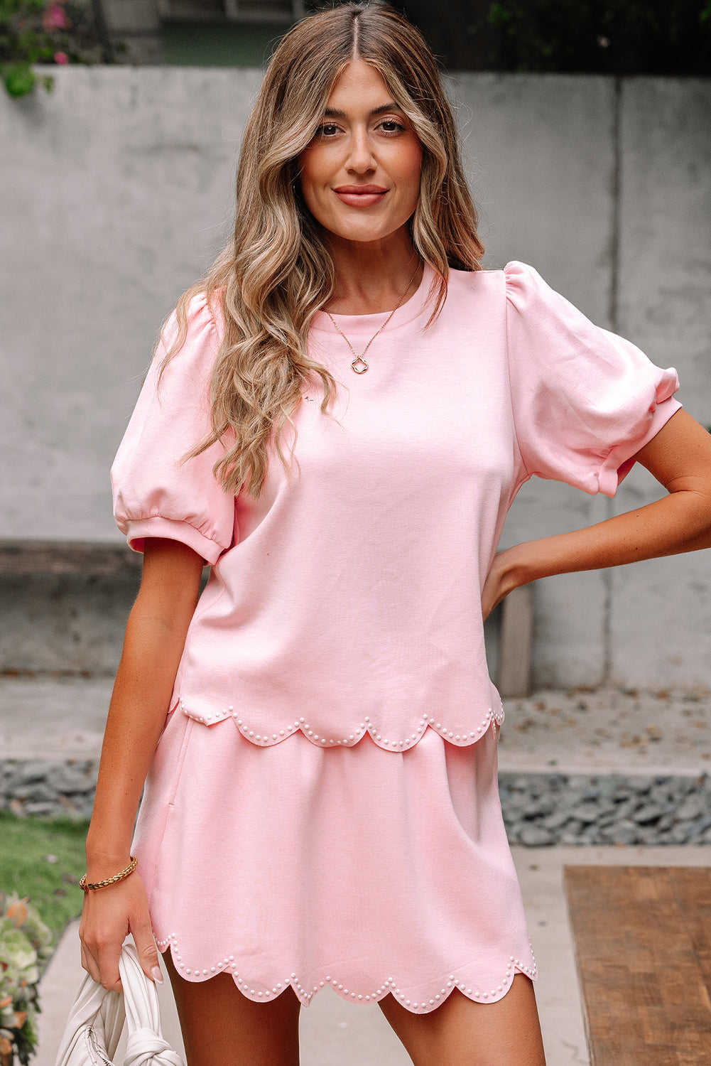 Puff Sleeve Pearl Embellished Scallop Trim Top 2 Piece Skort Co-ord Set eAura