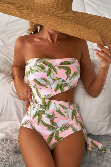 Pink Tropical Asymmetric Cut out Halter Backless One Piece Swimwear eAura