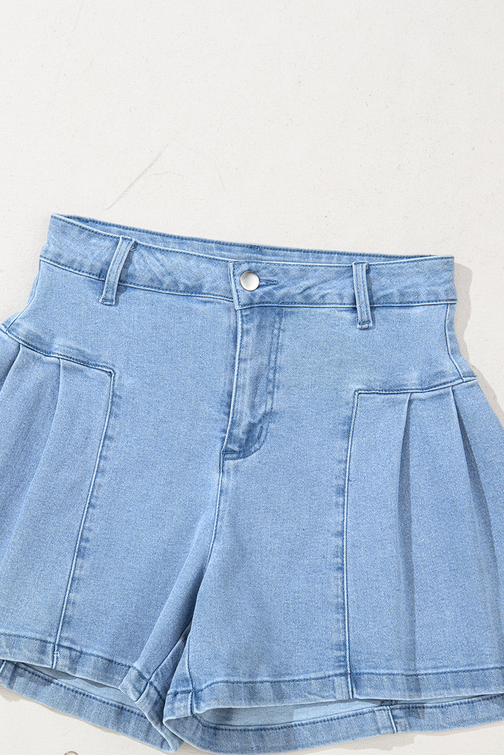 Dusk Blue Pleated Patchwork Wide Leg Lightweight Denim Shorts eAura