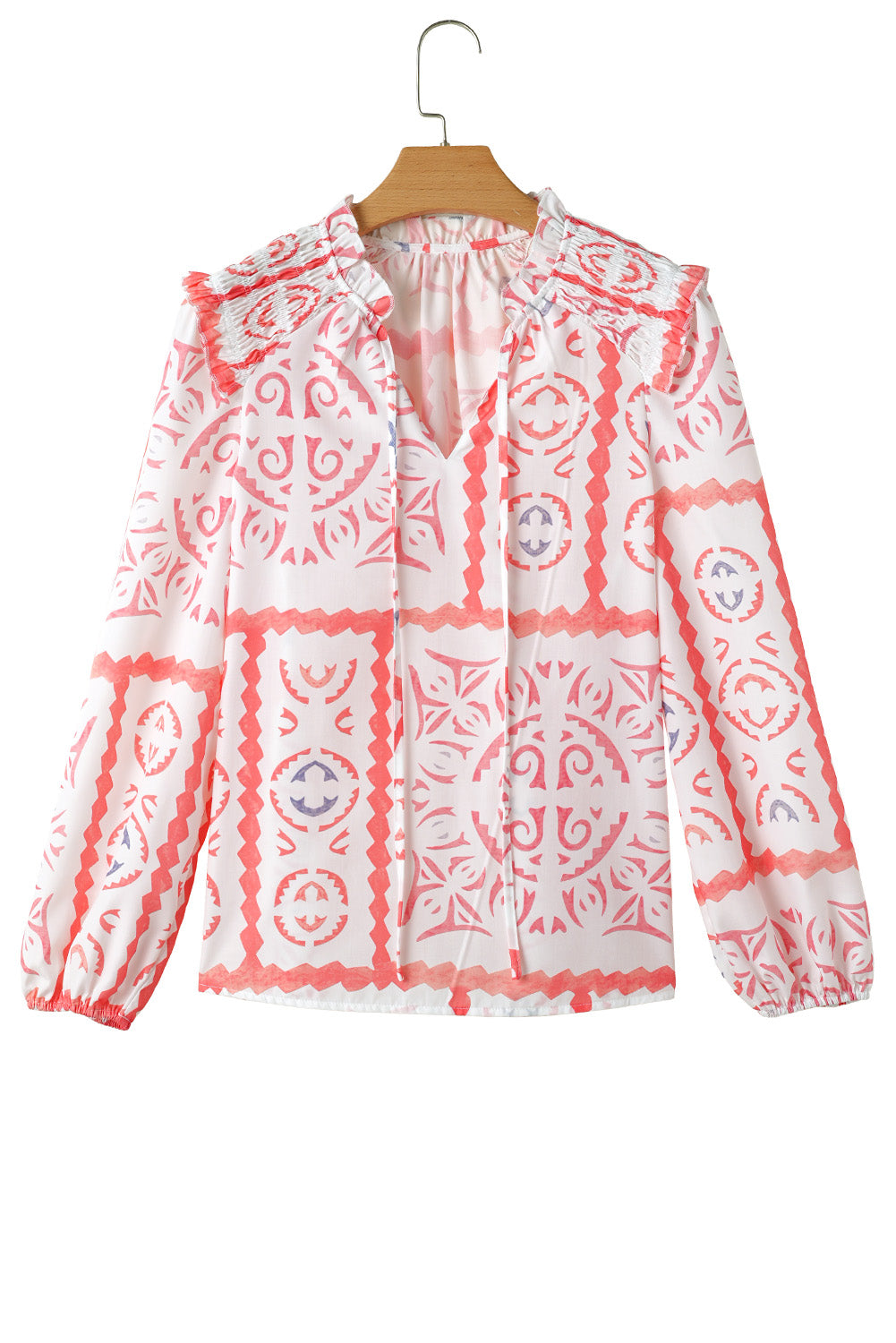 Desert Flower Vintage Print Smocked Poet Collar Billowy Blouson Sleeves Blouse eAura