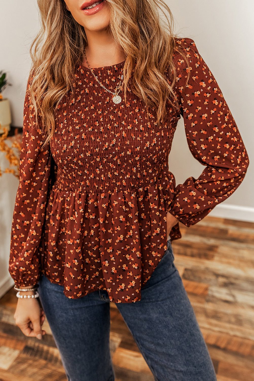Boho Floral Smocked Bust Ruffled Peplum Blouse eAura