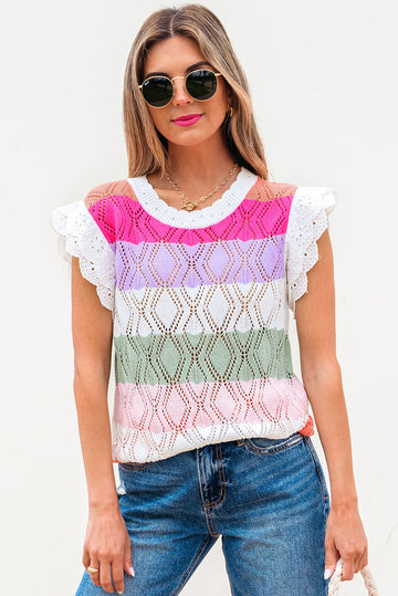 Rose Stripe Colourblock Hollowed Knit Scallop Edge Sweater Vest eAura