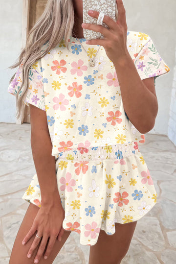 Apricot Floral Print Crop Top Wide Leg Short Set eAura