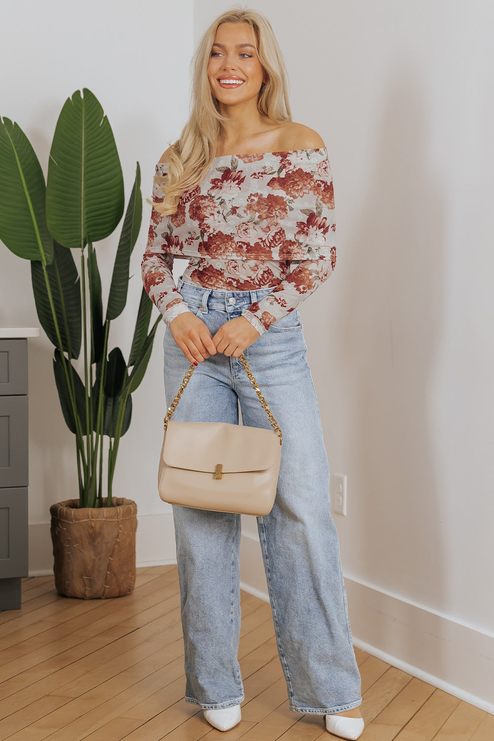 Pink Floral Printed Long Sleeve Sheath Bodysuit eAura