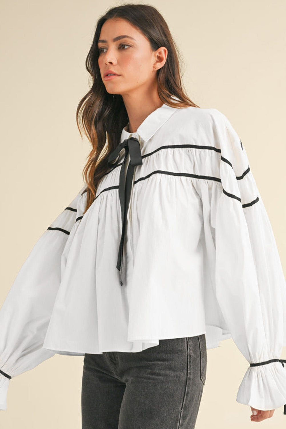 White Black Pipping Ribbon Bowtie Collared Ruffled Puff Sleeve Shirt eAura