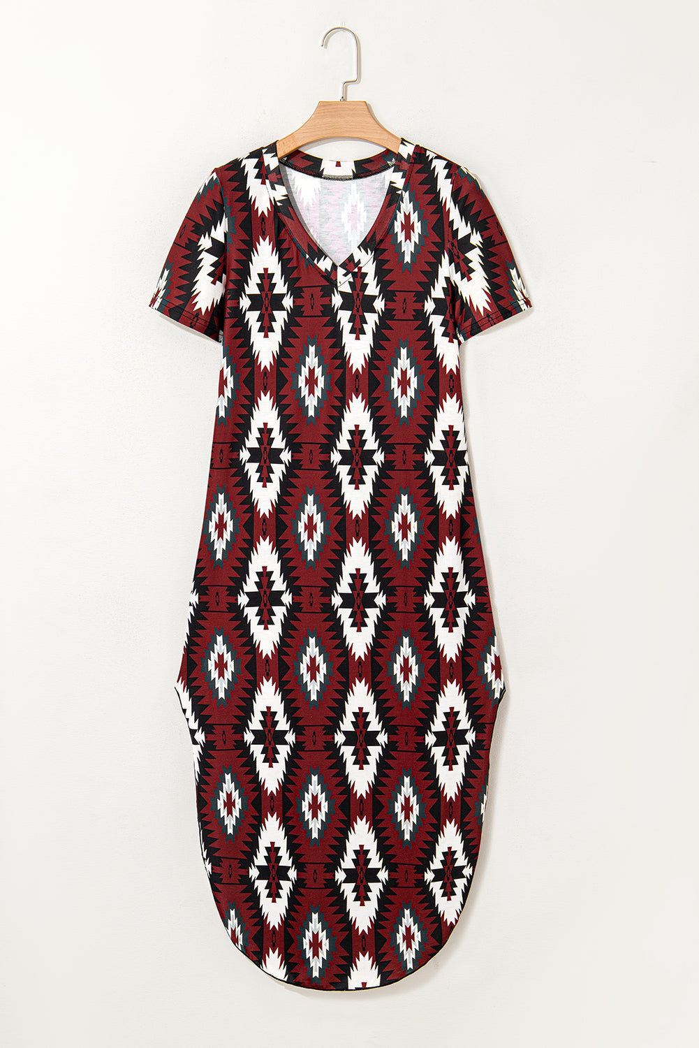 Red Western Aztec Printed Long T-shirt Dress eAura