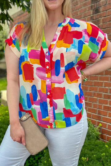 Colourful Brush Stroke Printed Plus Size Button Split Neck Blouse BB Fashion Outlet