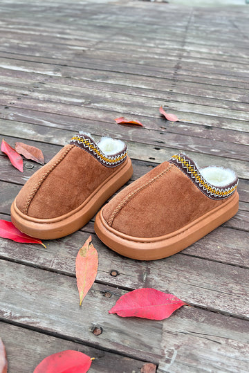 Chestnut Contrast Edge Suede Plush Lined Thick Sole Winter Slippers BB Fashion Outlet