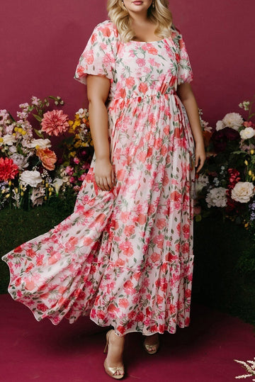 Pink Plus Size Floral Square Neck Puff Sleeve Ruffle Maxi Dress BB Fashion Outlet