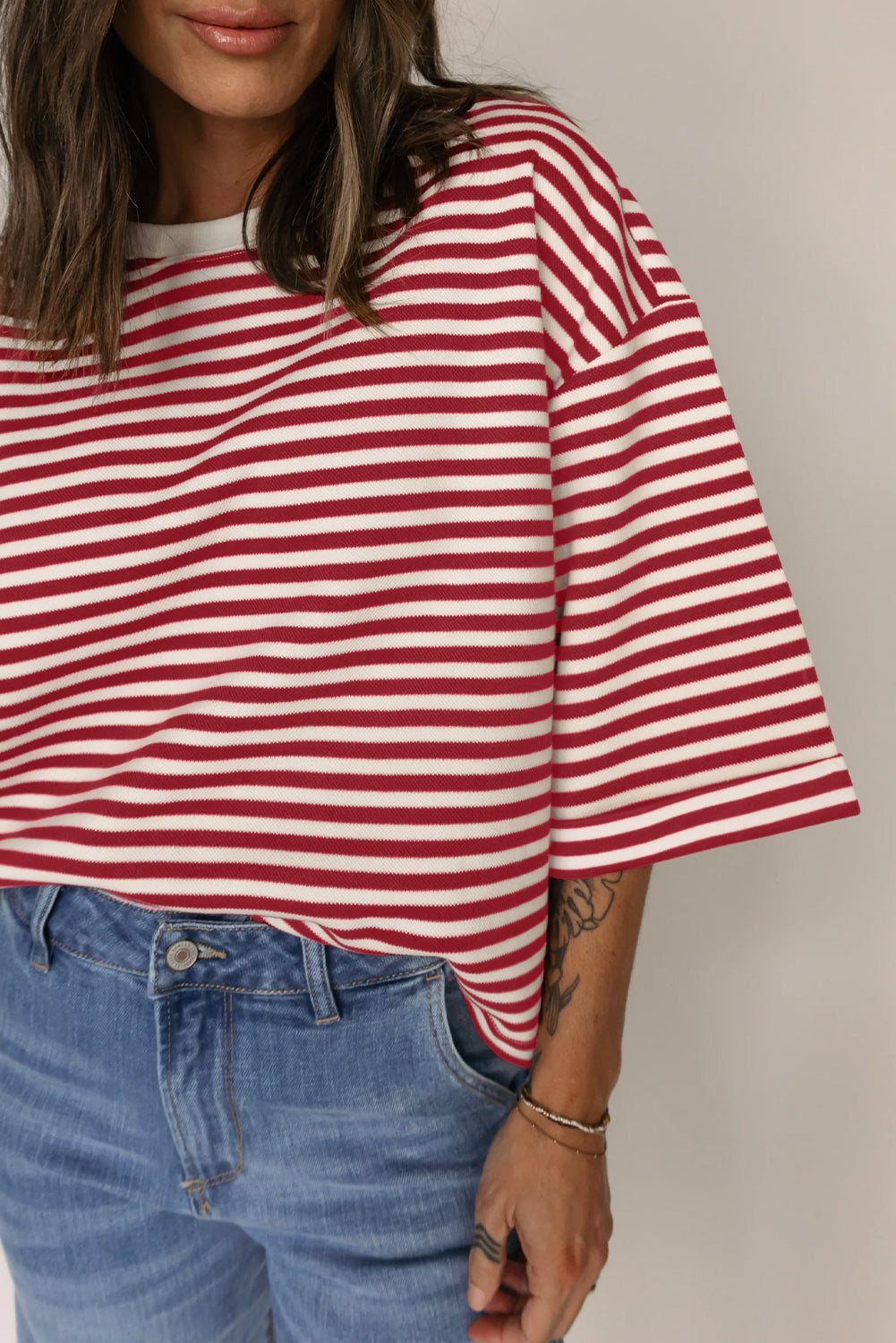Black Stripe Bowknot Cutout Back Drop Shoulder Wide Bracelet Sleeve Loose Tee eAura