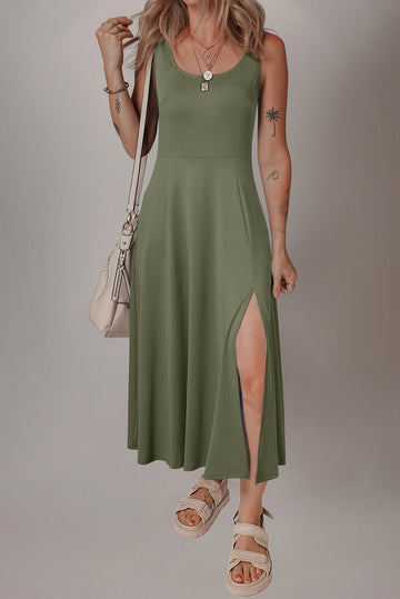 Four Leaf Clover Sleeveless Scoop Neck Flared Split Midi Dress eAura