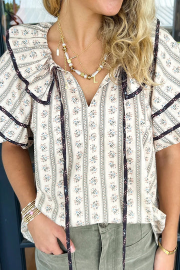 White Floral Ruffled Collar Short Puff Sleeve Printed Blouse eAura