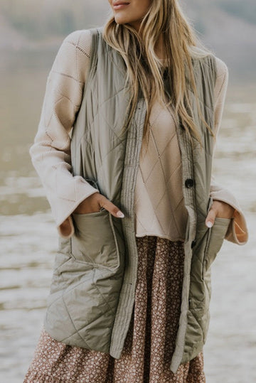 Grass Green Quilted Long Sleeveless Coat with Pockets eAura