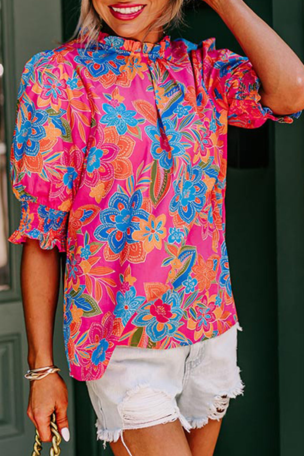 Rose Frilly Mock Neck Short Puff Sleeve Floral Blouse eAura