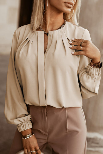 Khaki Crew Neck Gathered Stretch Cuff Shirt eAura