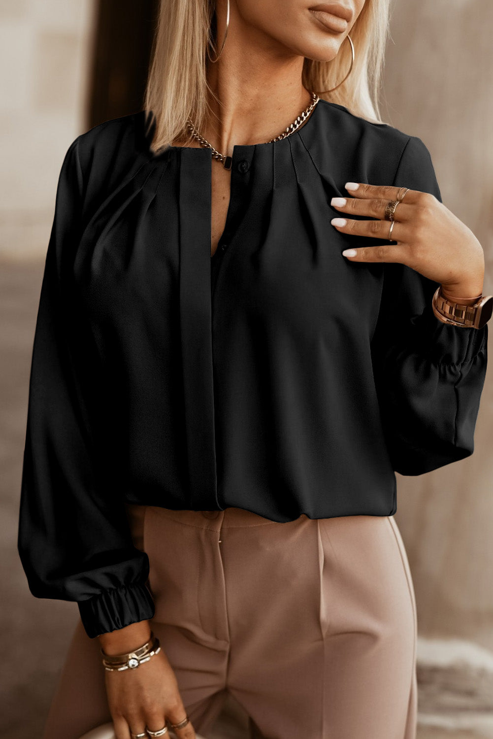 Khaki Crew Neck Gathered Stretch Cuff Shirt eAura