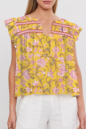 Yellow Floral Notched Neck Ruffled Sleeve Casual Blouse eAura