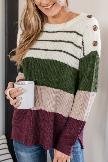 Green Colour Block Striped Buttoned Shoulder Split Sweater eAura