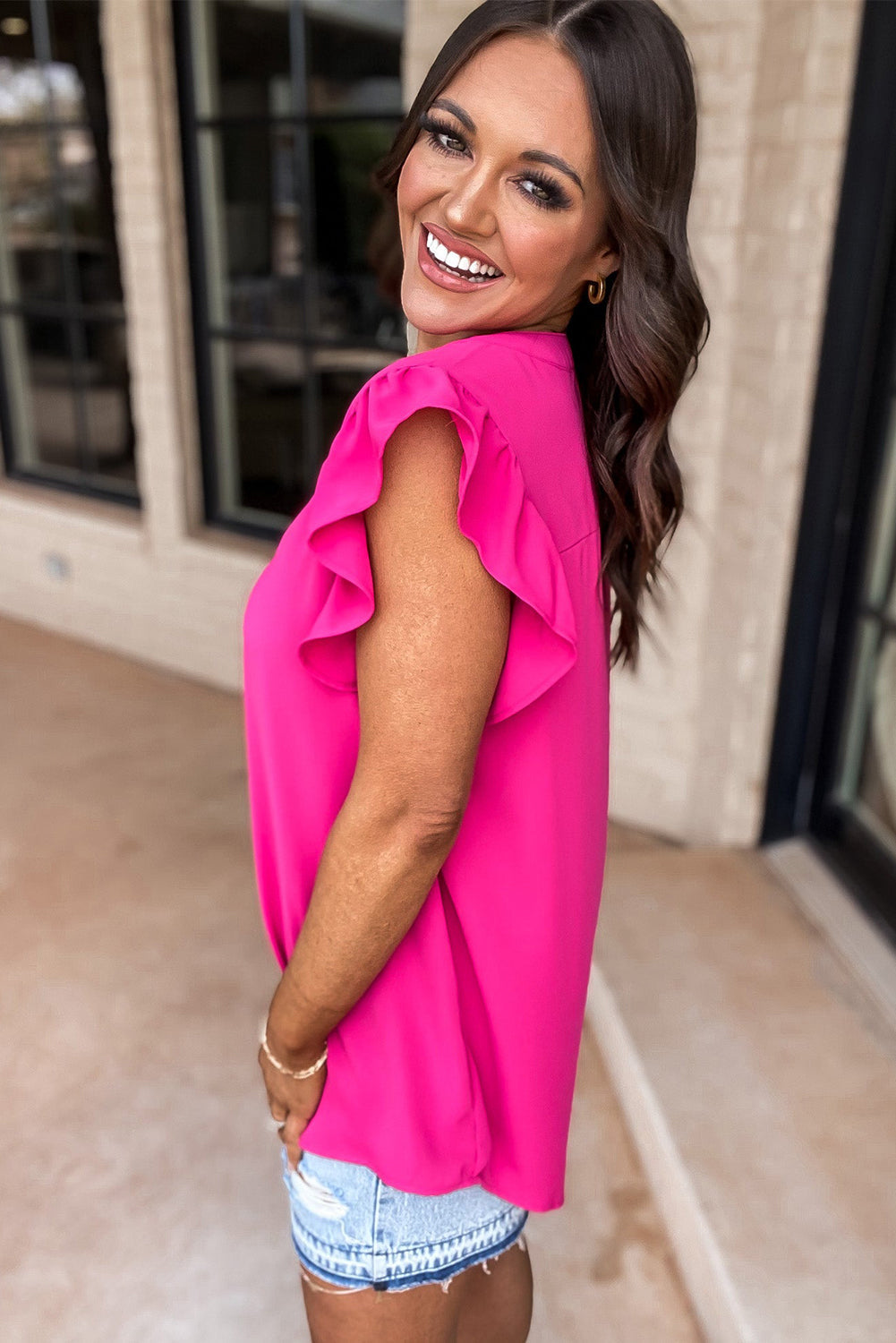 Rose Red Notched Neck Ruffle Sleeve Blouse eAura