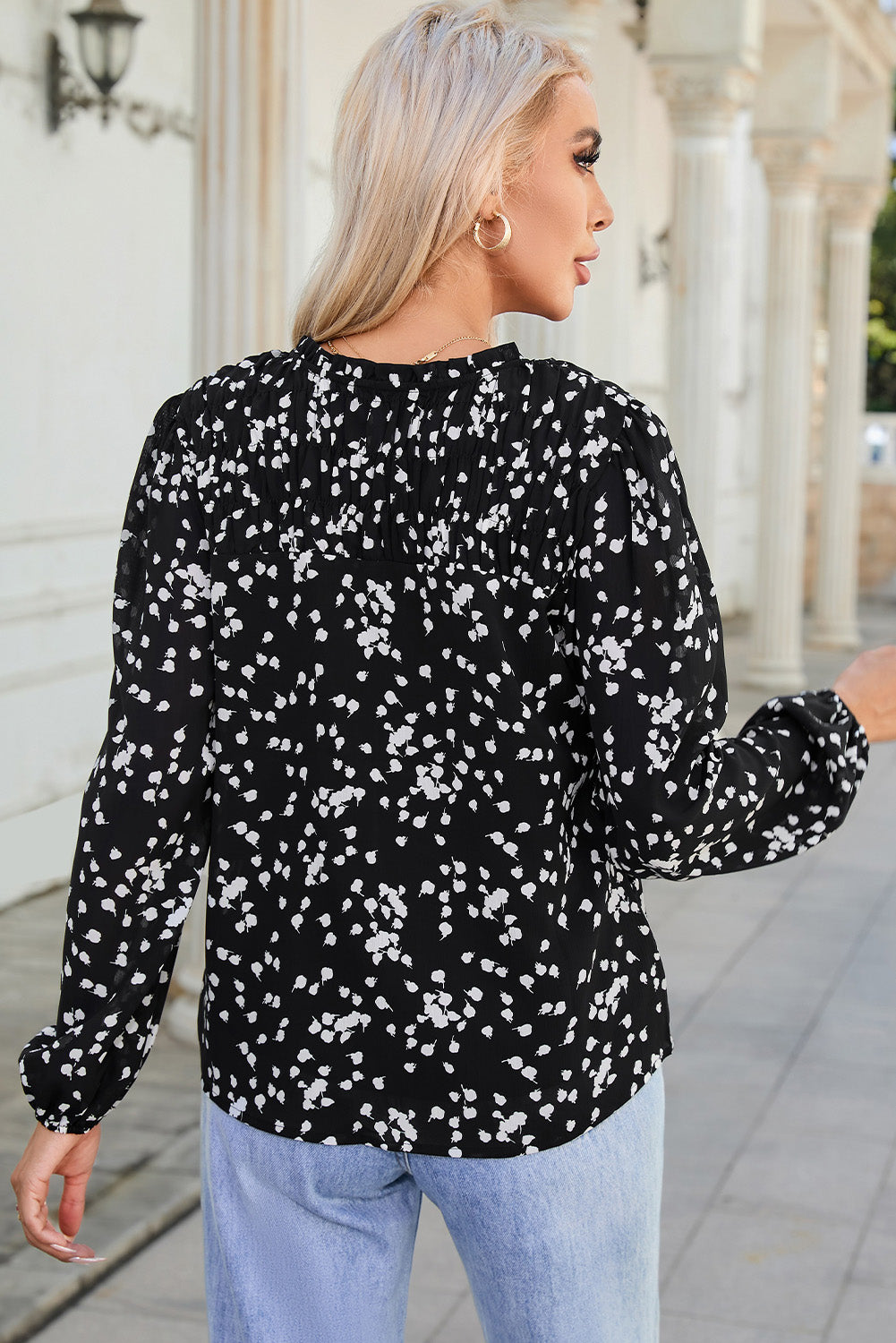 Pink Split Neck Fall Printed Crinkled Blouse eAura