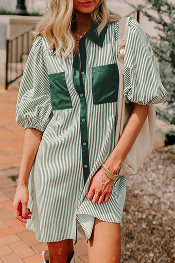 Green Patch Pockets Button Down Short Puff Sleeve Dress eAura