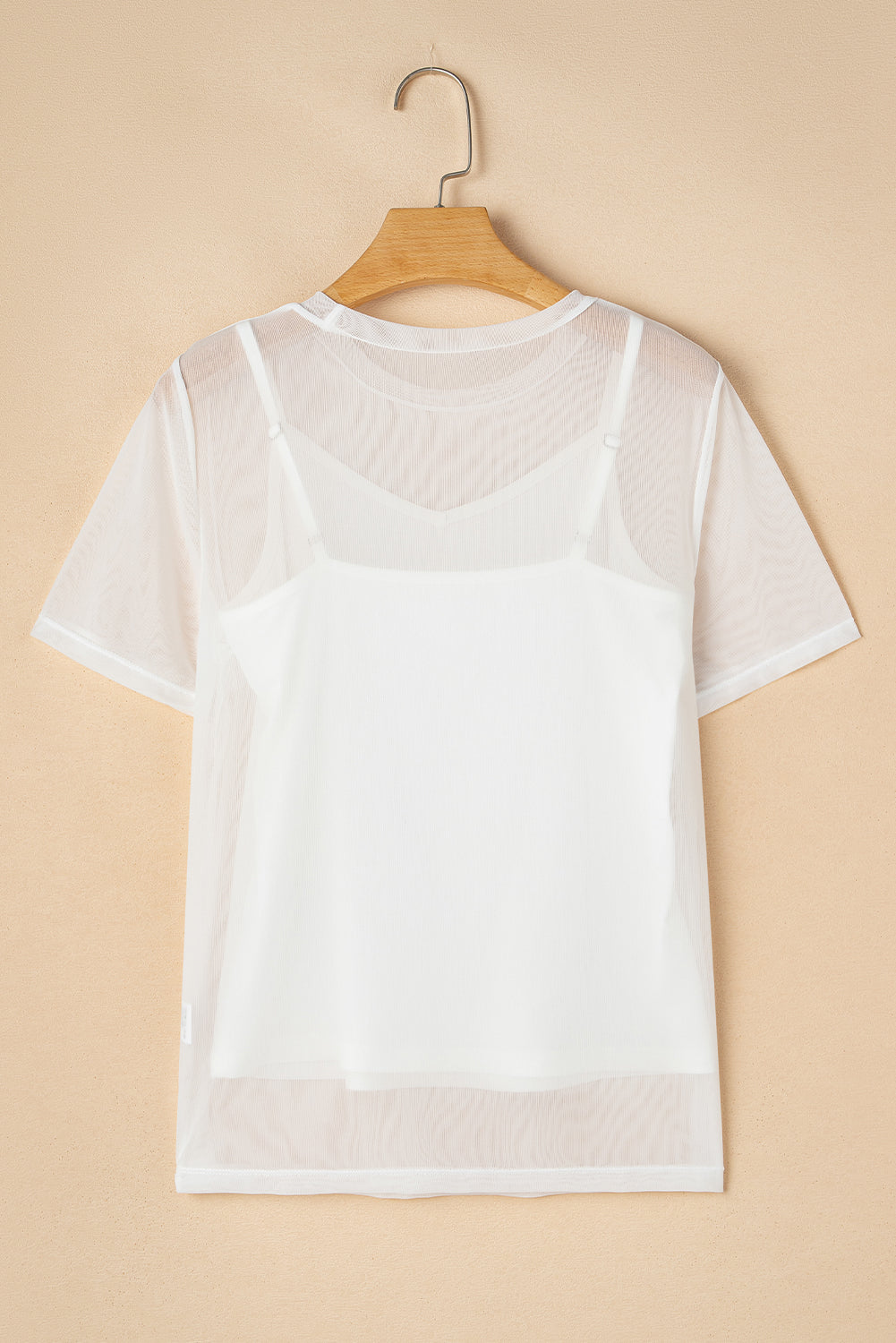 White Solid Colour Sheer Mesh Patchwork Short Sleeve Top eAura