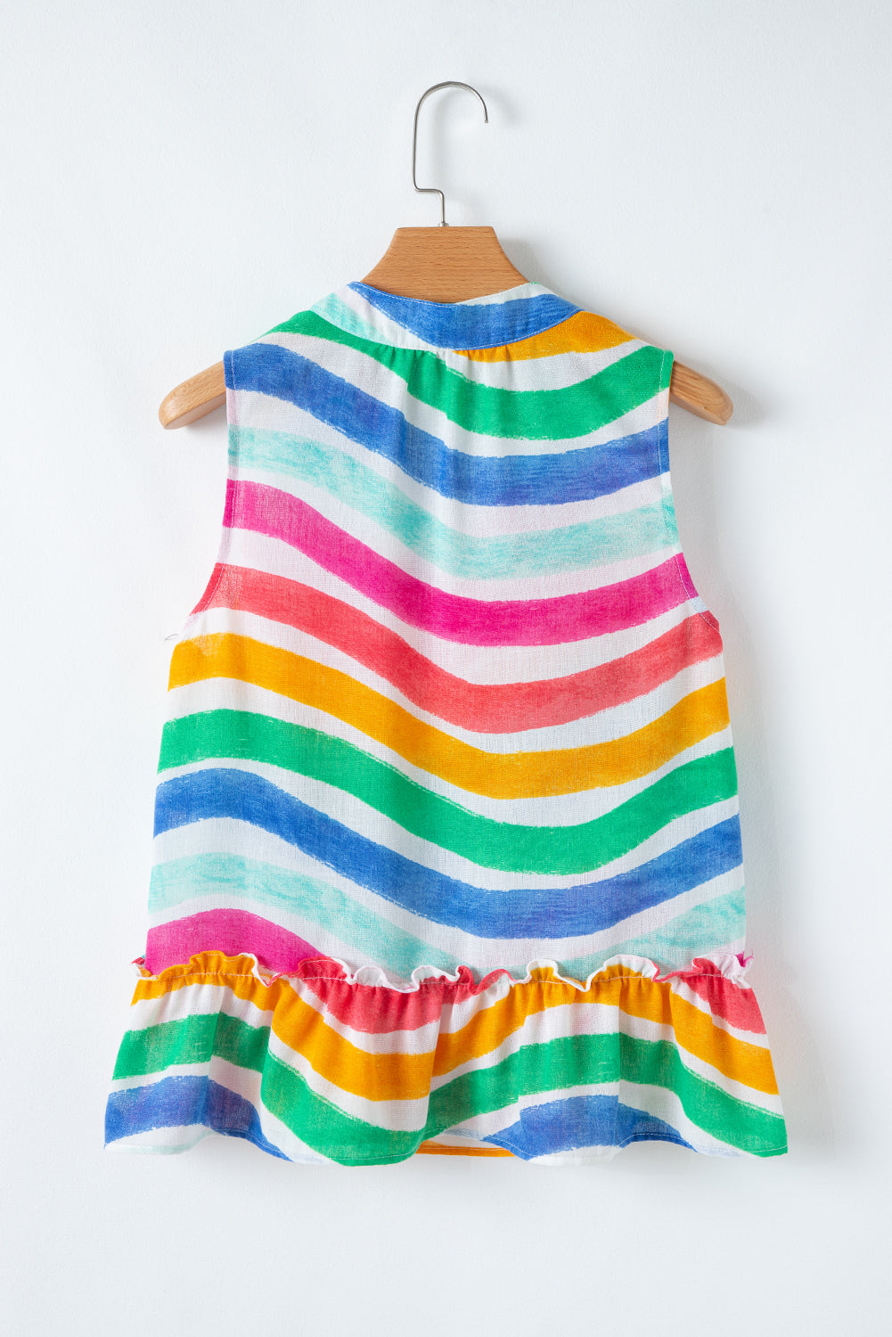 Rainbow Striped Ruffled Hem Drawstring V Neck Sleeveless Top eAura