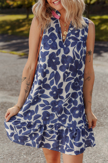 Blue Floral Sleeveless Notched V Neck Mini Dress eAura