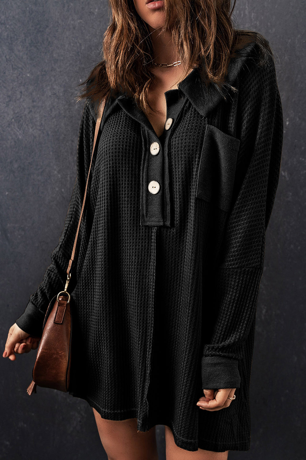 Brown Waffle Knit Buttoned Long Sleeve Top eAura
