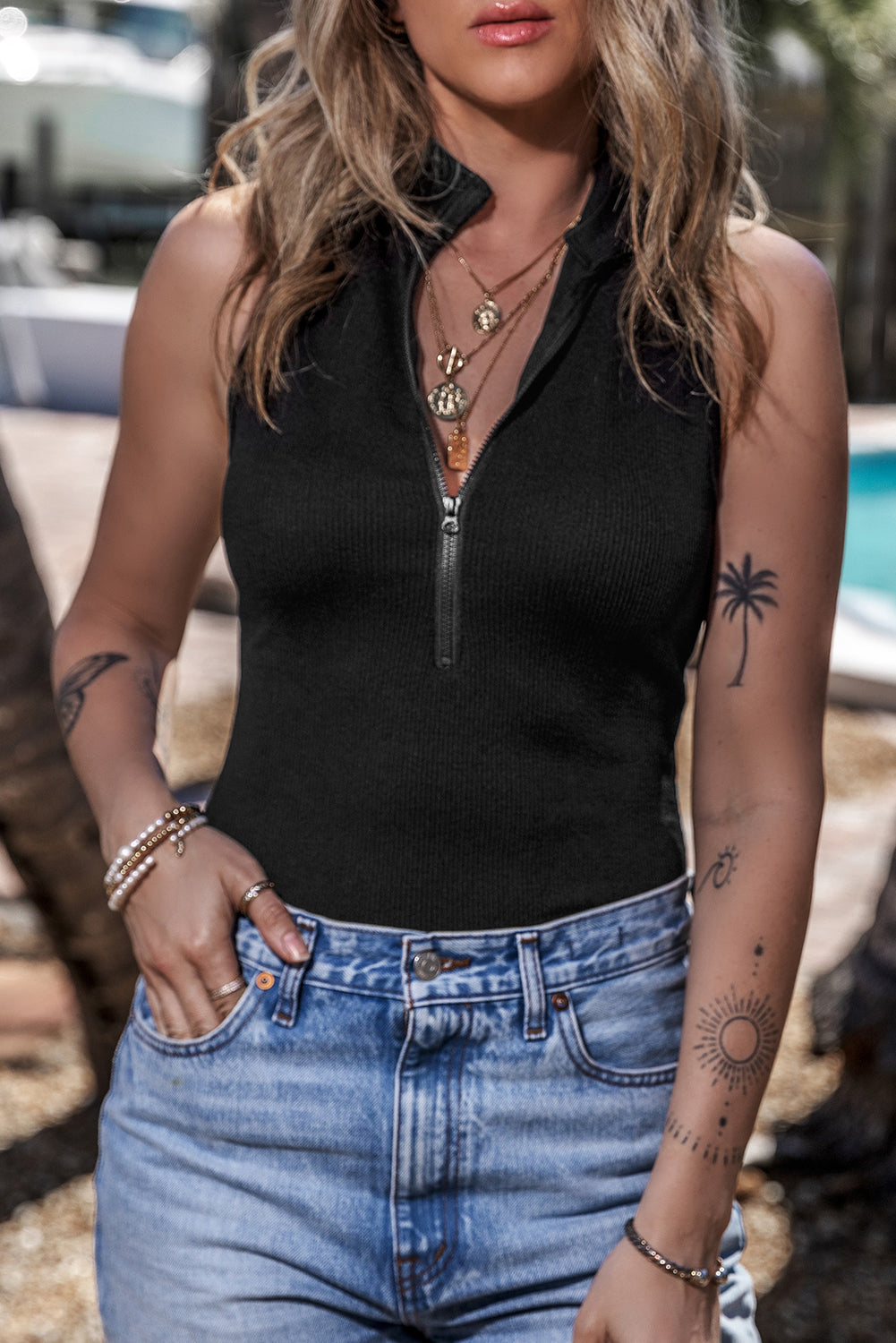 Black Zip up Mock Neck Ribbed Sleeveless Bodysuit eAura