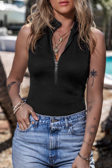 Black Zip up Mock Neck Ribbed Sleeveless Bodysuit eAura