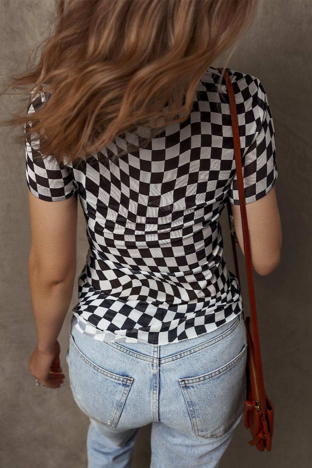 Black Checker Mesh Crew Neck T Shirt eAura