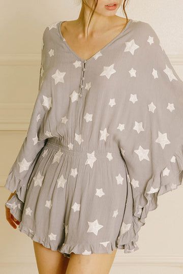 Grey Star Print Crinkle Textured Kimono Ruffle Sleeve Romper eAura