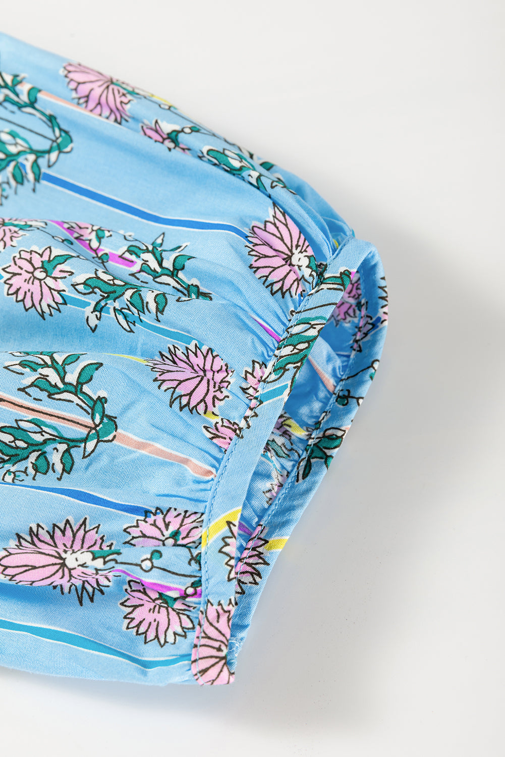 Sky Blue Floral Striped Print Tie Shirred Splie Neck Blouse eAura