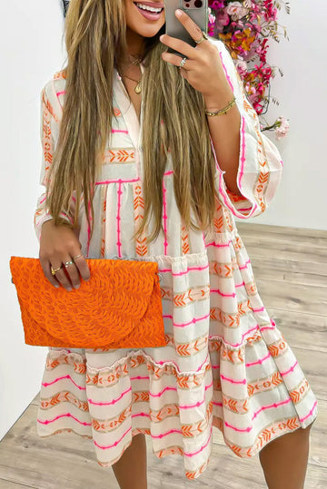 Orange Bohemian Printed Bracelet Sleeve Slit Neck Ruffled Loose Dress eAura