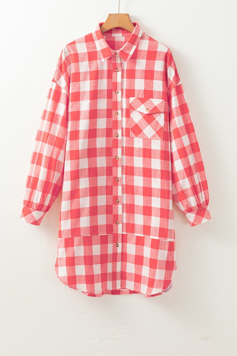 Pink Oversized Plaid Puff Sleeve Round Hem Shirt Dress eAura