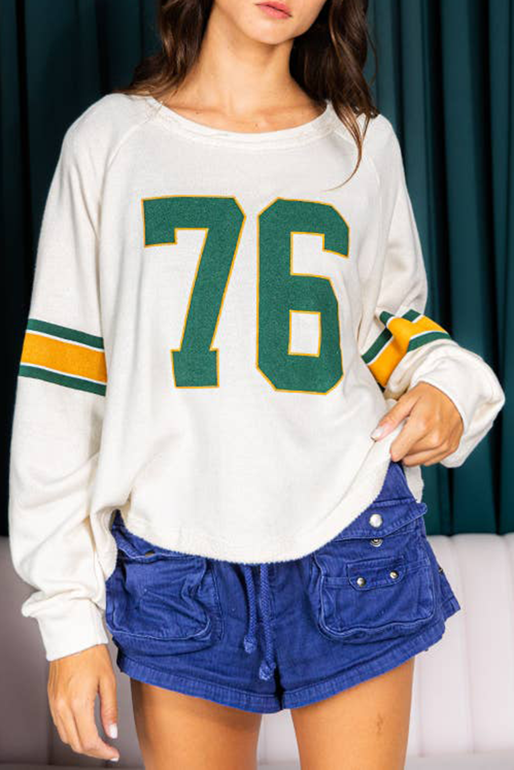 White Number 76 Printed Retro Sporty Long Sleeve Top eAura