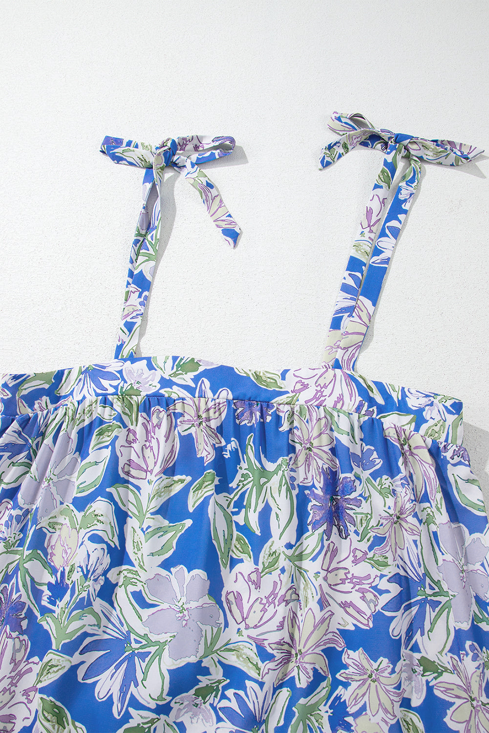 Sky Blue Floral Print Self-tie Straps Flowy Ruffle Long Dress eAura