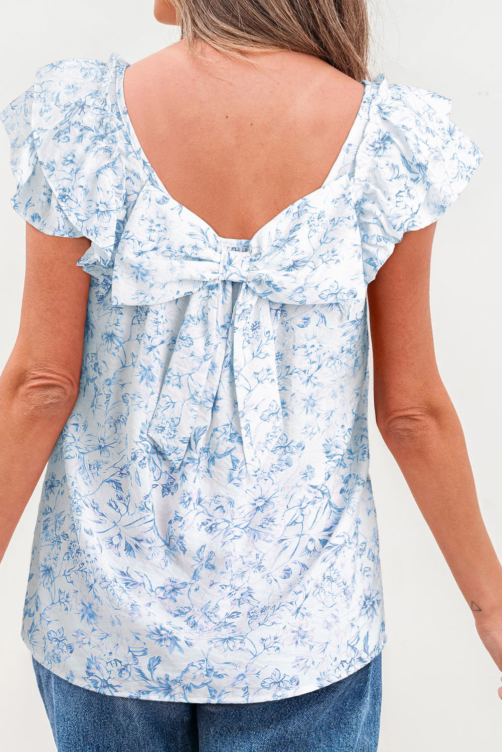 Floral Ruffled Short Sleeve Bow Back Square Neck Blouse eAura