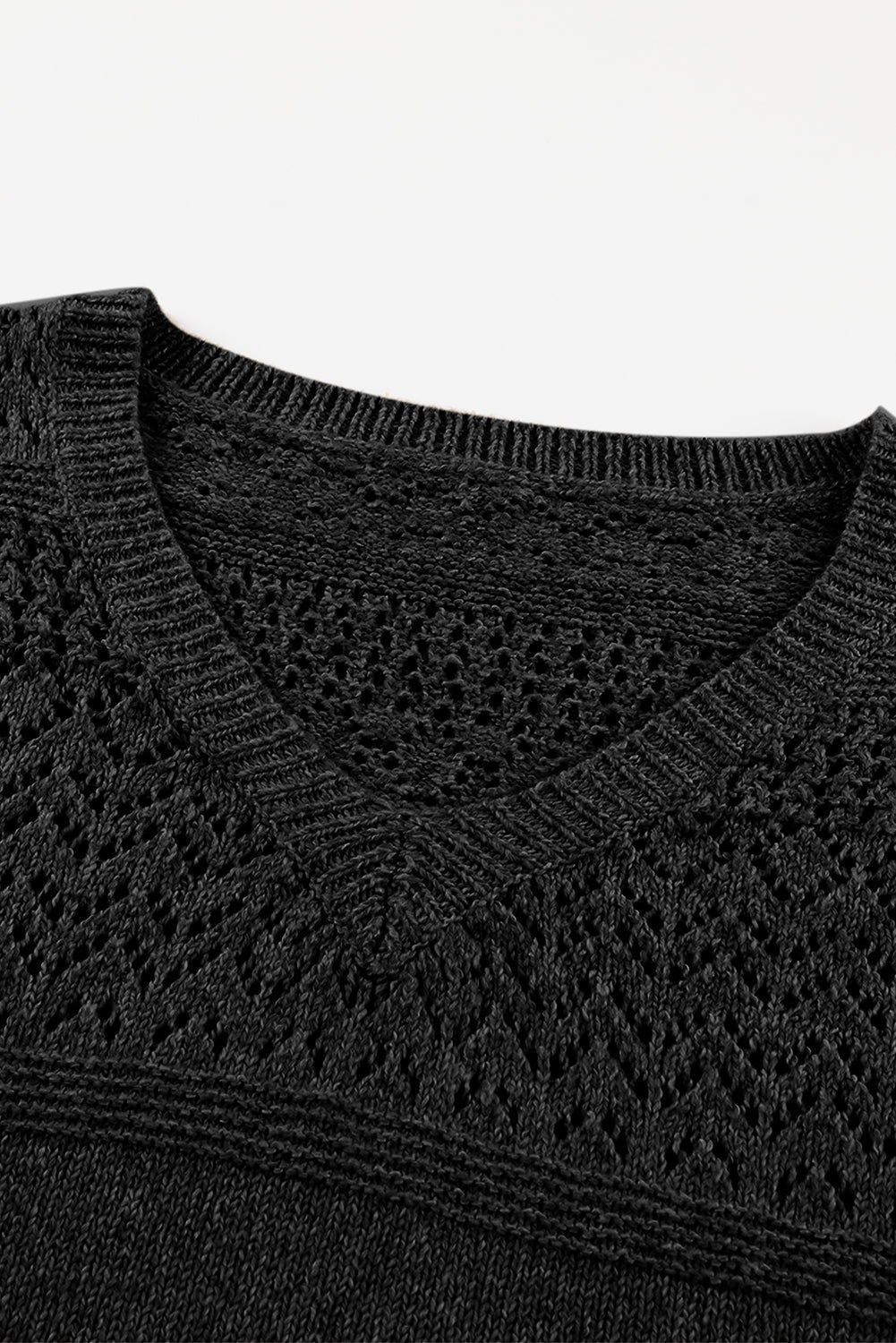Black Eyelet Pattern Detail V Neck Drop Shoulder Sweater eAura