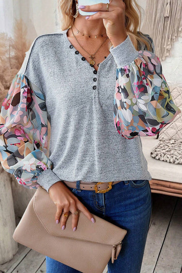 Grey Floral Lantern Sleeve Patchwork Buttoned V Neck Top eAura