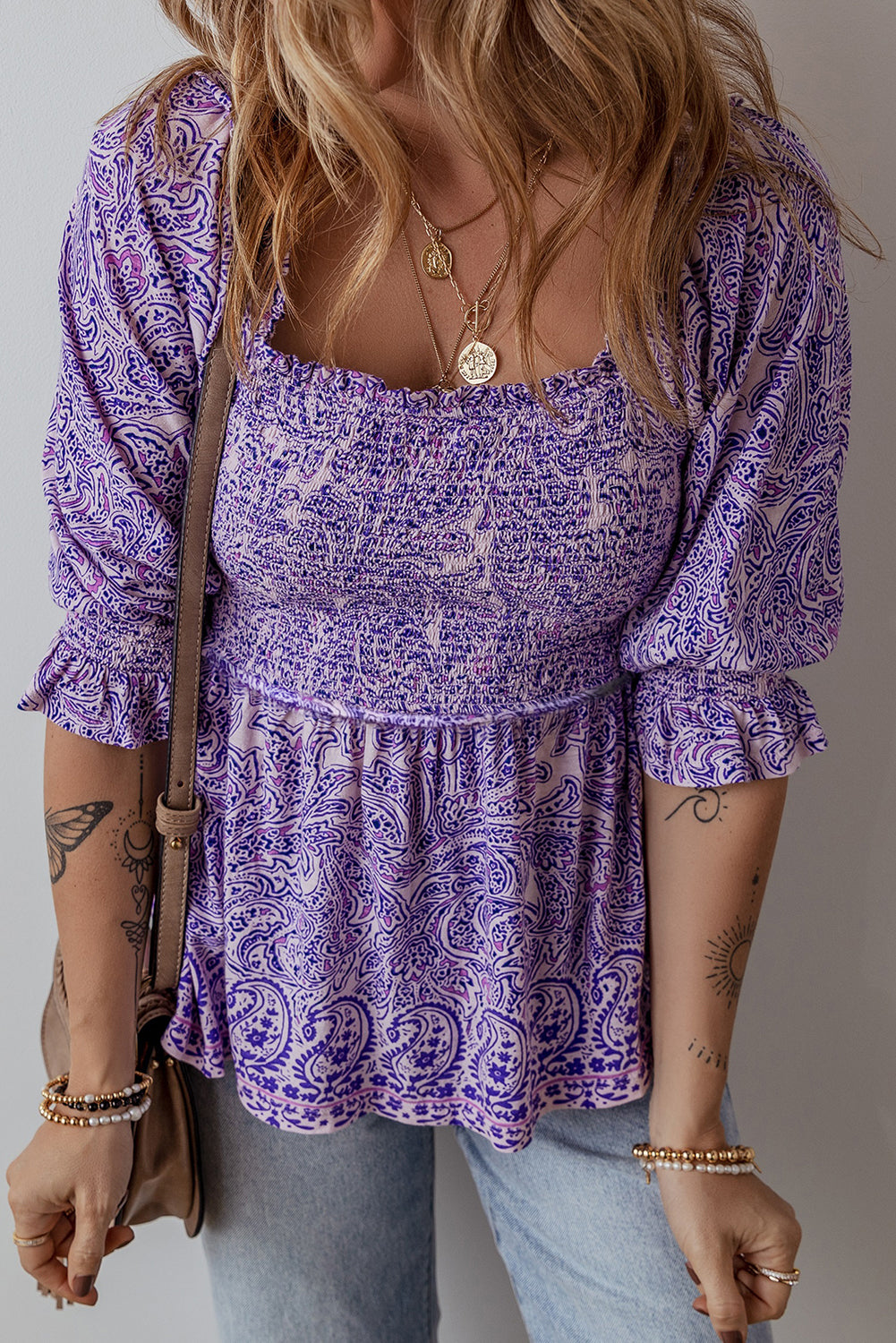 Purple Boho Paisley Print Half Sleeve Shirred Peplum Blouse eAura