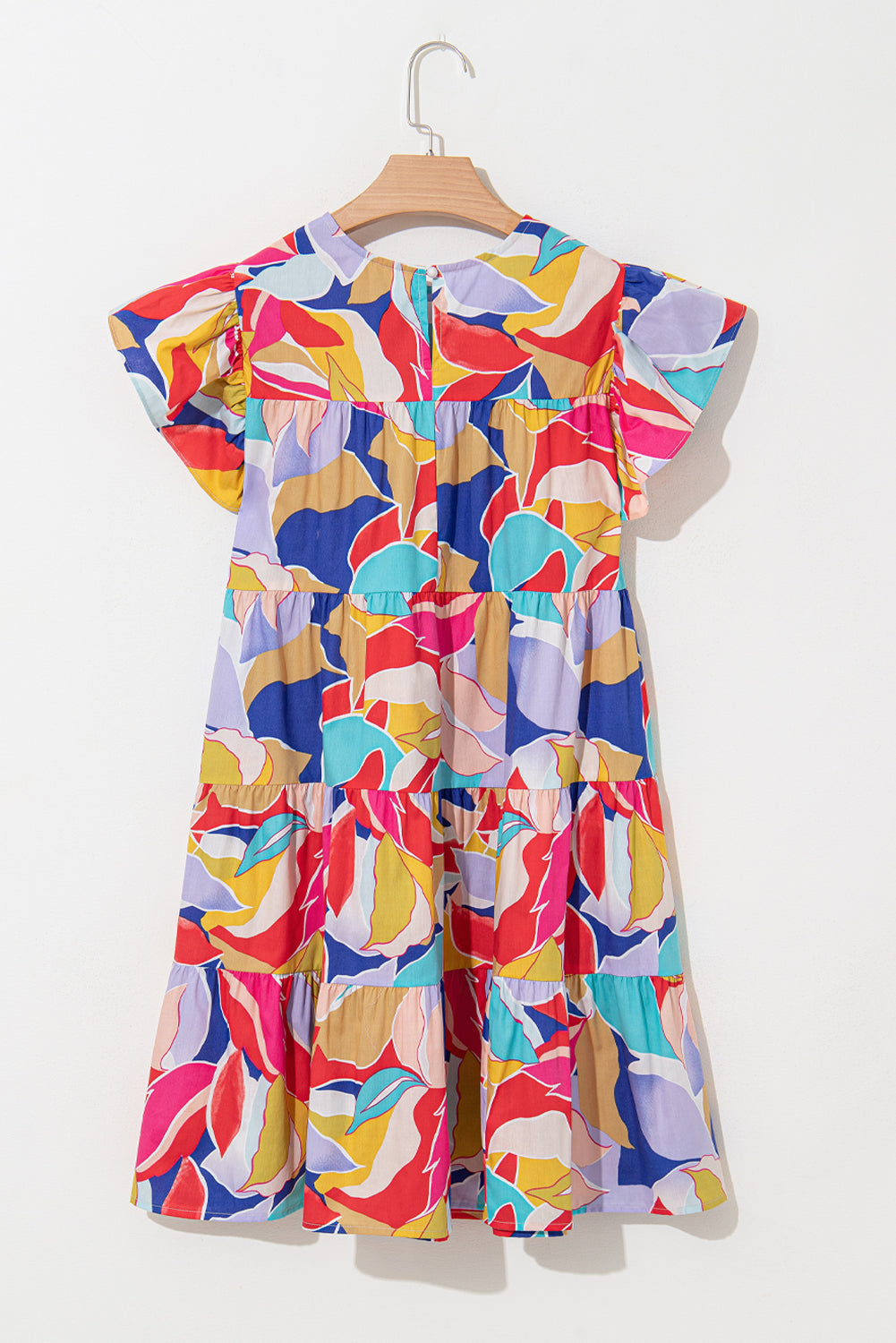 Pink Abstract Printed Ruffled Flutter Sleeve Tiered Mini Dress eAura