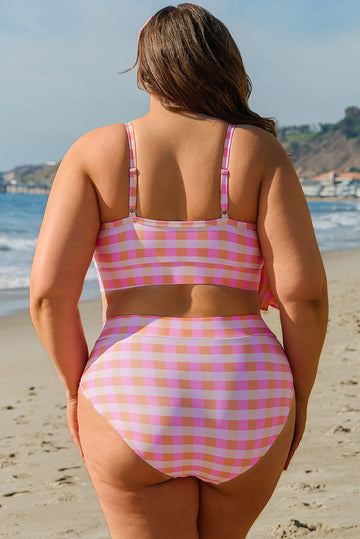 Pink Plus Size Plaid Print High Waist Bikini Set BB Fashion Outlet