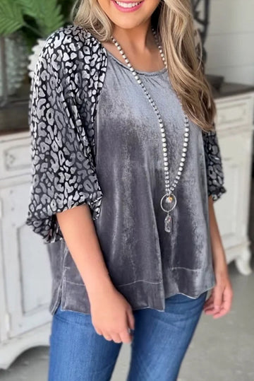 Medium Grey Leopard Splicing Lantern Sleeve Velvet Blouse eAura