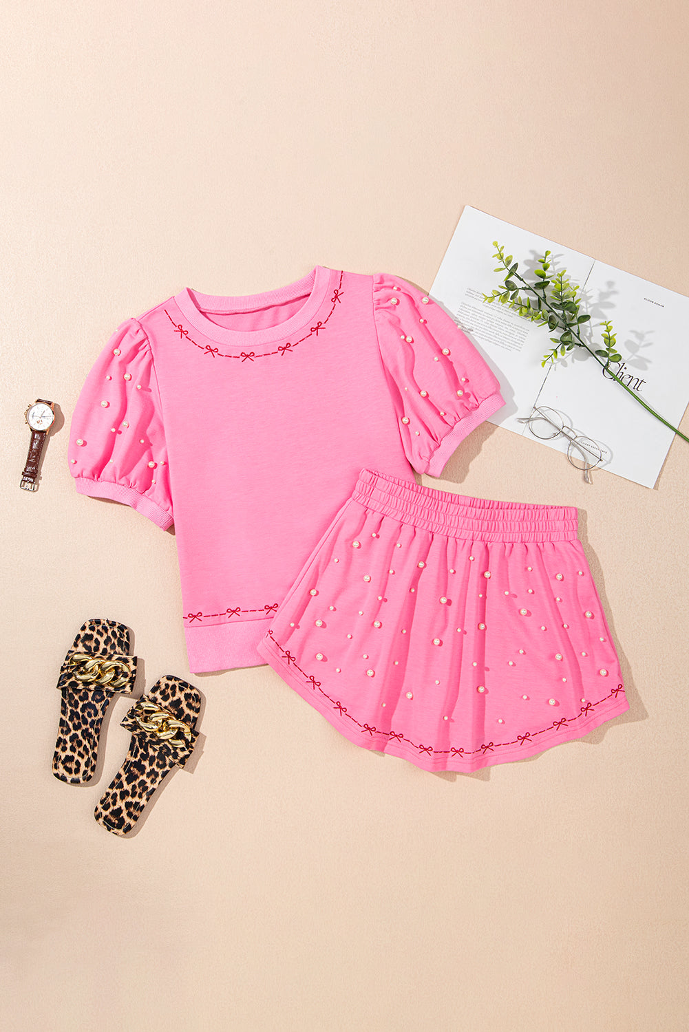 Pink Contrast Bow Trim Pearl Puff Sleeve Top and Skort Co-ord eAura