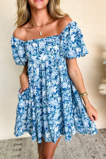 Blue Floral Puff Sleeve Babydoll Mini Dress eAura