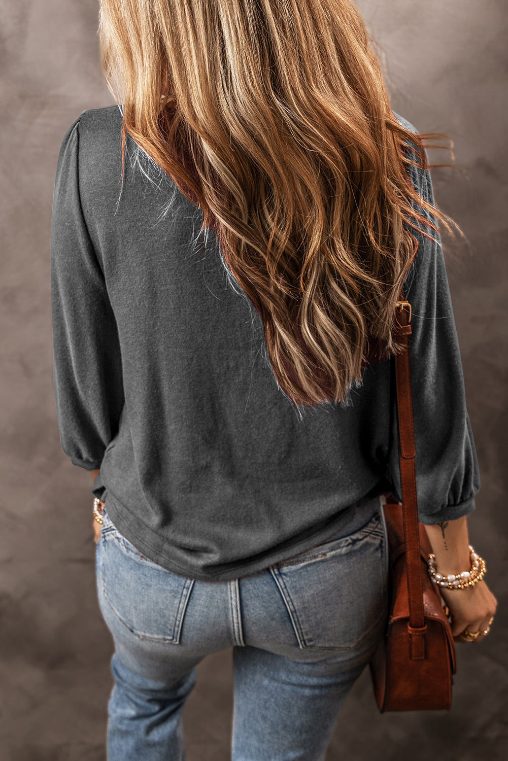 Black Solid Colour 3/4 Sleeve Round Neck Blouse eAura