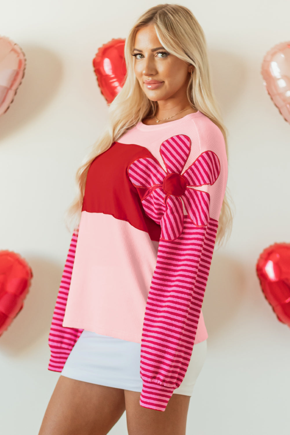 Pink Floral Patch Colour Block Striped Sleeve Textured Top eAura